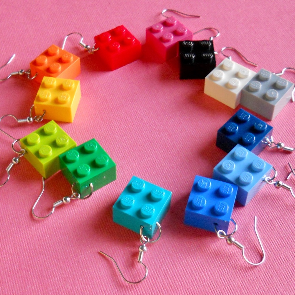 RED -  the square pair - earrings made with 2x2 LEGO brick toys NWT